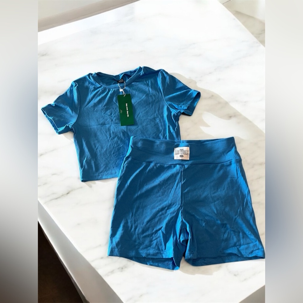 NEW SHEIN Las Vegas Two Piece set Ribbed Blue Crop Top & Shorts Gym fit Lounge